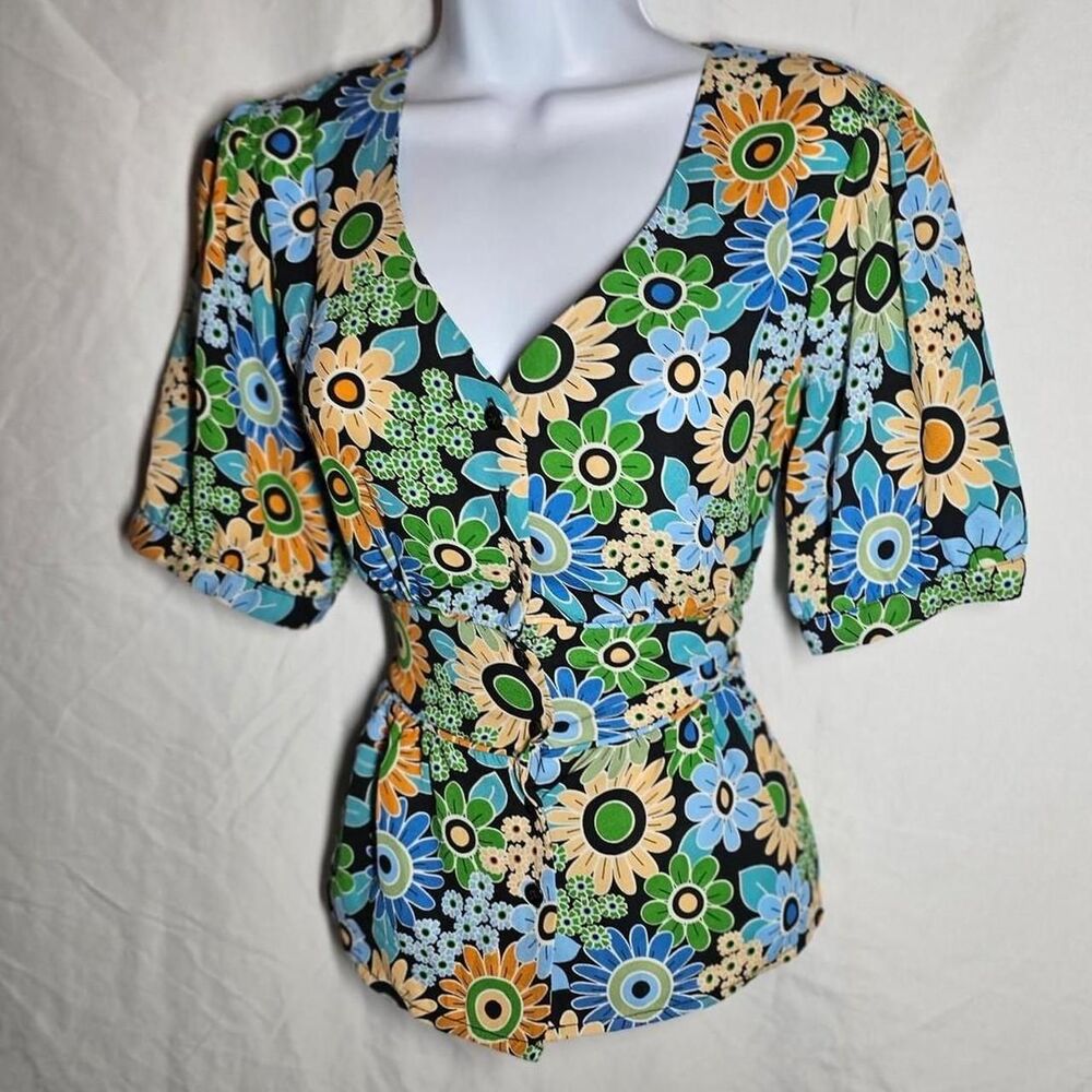 2000s floral blue yellow boho peplum cabi top